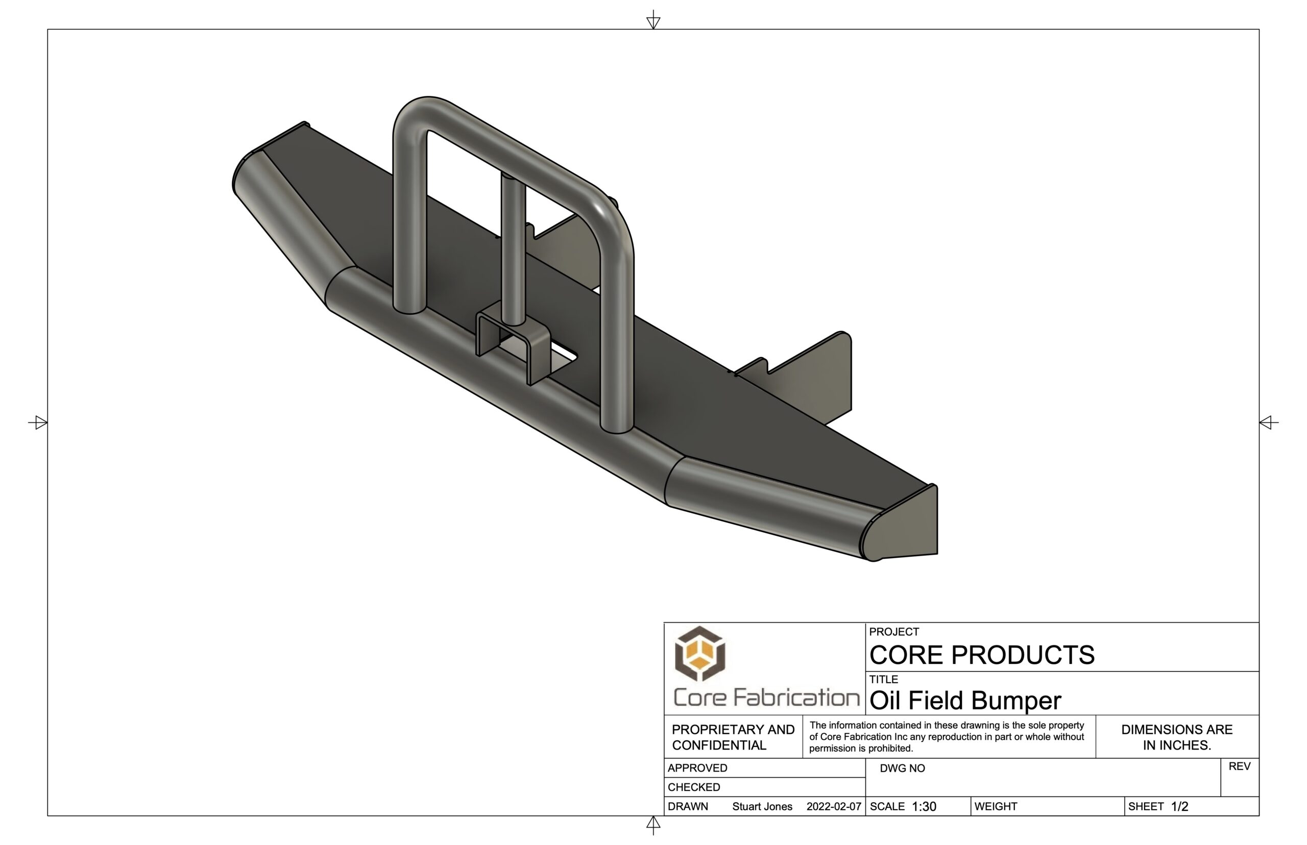 Drawing of custom oilfield bumper for Kenworth C500 deck build by Core Fabrication
